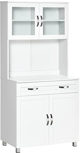 HOMCOM Buffet Haut Cuisine, Armoire de Cuisine, vaisselier, 4 Portes Dont 2 en Verre, tiroir, Plan de Travail, étagères réglables, Meuble de Rangement pour Salon Salle à Manger, 80x48x170cm, Blanc
