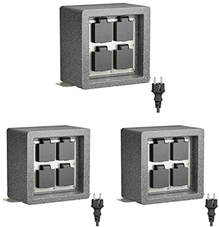 ledscom.de 3 Stück Garten Steckdosensäule Pock für außen, IP44, 1m, Schukostecker Typ F, 4-Fach, anthrazit (Stein-Optik), eckig, 20 cm