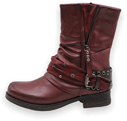 ST04 Bottines de motard pour femme - Bottes avec rivets - Talon bloc - Confortables - Automne Hiver - Boucles, rouge bordeaux, 42 EU