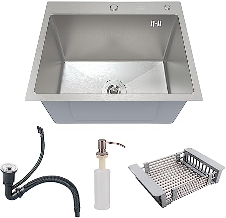 ANW HOME Évier de cuisine 60x45 cm avec siphon, panier égouttoir et distributeur de savon de 350 ml, évier de cuisine en acier inoxydable 304 avec 2 trous pour robinet, évier en acier inoxydable
