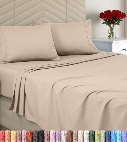 Utopia sängkläder queen lakanset – borstad mikrofiber – mjuka lakan för dubbelsäng set – inkluderar 1 monterad, 1 platt och 2 örngott – djup ficka (beige)