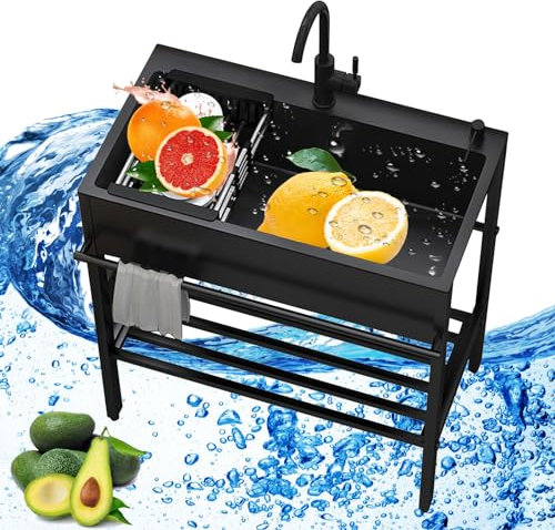 Stainless Steel Kitchen Sink - Freestanding Outdoor Workstation Kitchen Sink with Basket Strainers, Grids, Single Bowl Sinks, Utility Washing Hand Basin for Laundry, Space Saving