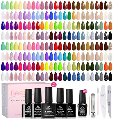 Beetles UV Nagellack Set 110 Pcs - 100 Farben Gel Nail Polish Jelly Nude Blau Violett Gold Grün Braun Glitter Rosa Perlen mit Base und Top Coat ganzjähriger Maniko Nails Starter Set DIY-Geschenke