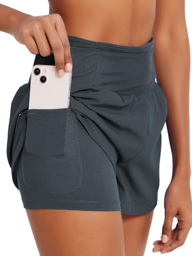 Monbessi Pantalones Cortos Deportivos 2 en 1 para Correr para Mujer, con Bolsillo con Cremallera, Pantalones Cortos de natación para Entrenamiento, Yoga, Trotar, Gris, S