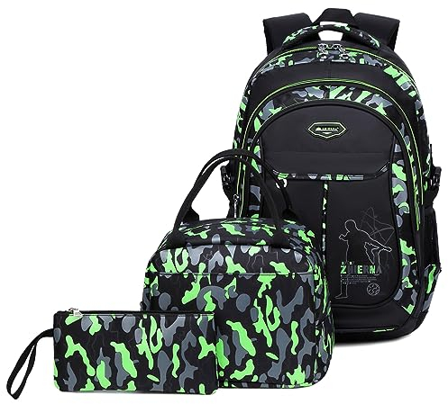 ZHIERNA Schulrucksack Jungen Teenager Rucksack Kinder Schultaschen Kinderrucksack Camouflage Rucksäcke Jugendliche Teens Schule Daypacks Schultertaschen Set Mit Lunchtasche und Federmappe