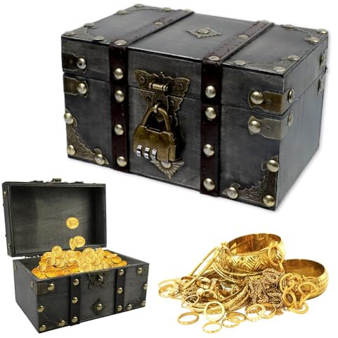 Vintage Coffre au Trésor en Bois, Coffre Fort Enfant au Trésor de Pirate avec Serrure à Combinaison et Chiffon de Nettoyage pour Rangement et Décoration, Tirelire, Cadeau Fait Main