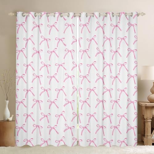Cartoon Bowknot Kids Blackout Curtains,Pink Bow Tie Butterfly Knot Princess Window Drapes for Girls Women,Watercolor Bow Patchwork Pink White Window Treatments Grommet Top 2 Panel Set,66Wx90L inch