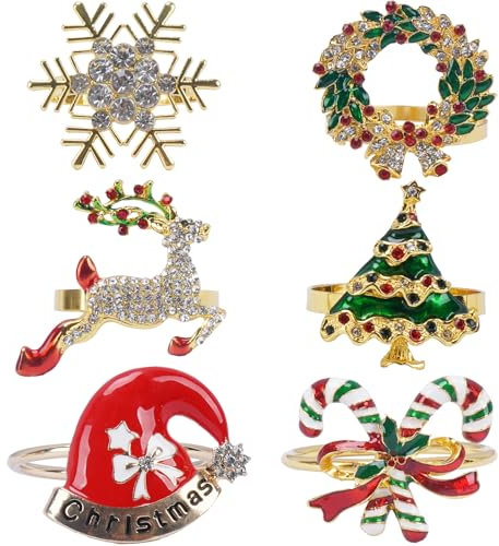 KINDPMA 6 Pezzi Anelli per Tovaglioli Natalizi Portatovaglioli di Natale 6 Forme Natalizie Decorazioni da Tavola Anelli di Tovagliolo per Ringraziamento Capodanno di Natale Tavolo Decorazione