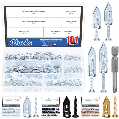 Glarks 201 pezzi Tasselli Autoperforanti per Cartongesso con Set di Viti, 100 pezzi Tasselli a Parete Cava in Acciaio al Carbonio con Vite Autofilettante con 100 pezzi Viti e 1 pezzo Kit Punta PH2 per