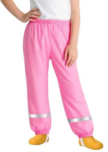FILOWA Pantalon Impermeable Niñas Pantalones de Lluvia Ligeros Transpirables Pantalón de Agua con Tiras Reflectantes sin Forro Peto de Lluvia Exterior Ciclismo Escuela para Infantil 7-8 años, Rosa