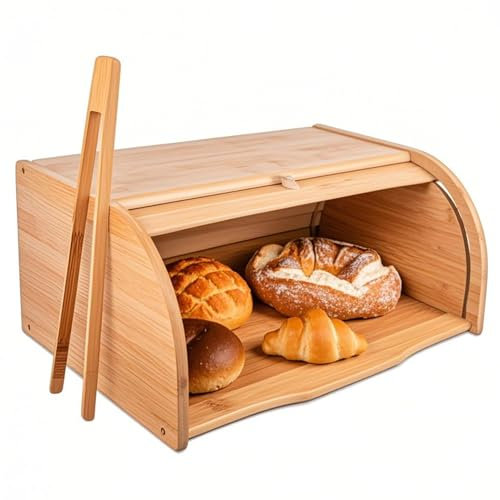 Haayymo Bread Box with Clip, Bamboo Bread Bin for Kitchen Countertop, Extra Large Capacity Keeper, Farmhouse Food Storage Roll Top, Kitchen Food Storage Container
