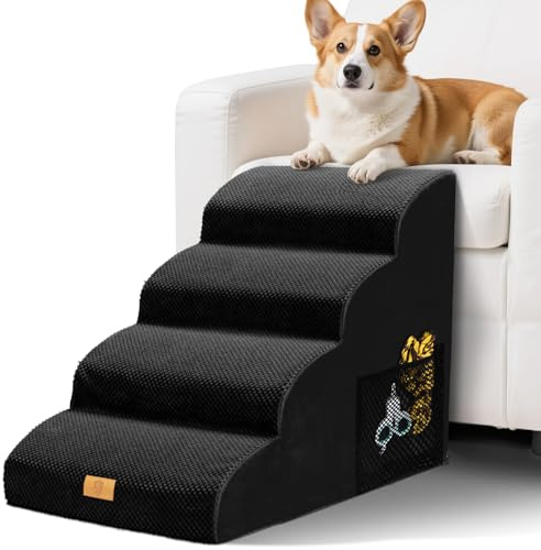 Thihome Dog Ramp for Bed, 4-Step Non-Slip Dog Steps with Washable Cover, 30D High Density Foam Dog Stairs for Small/Senior/Injured Pets, Pet Ramp for Sofa, 73 x 40 x 51cm, Black