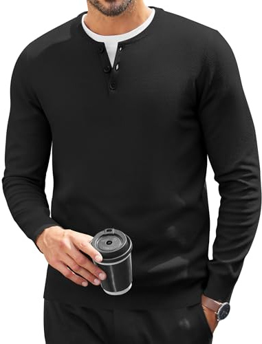 COOFANDY Camicia Henley Uomo Maniche Lunghe T-Shirt Basic per Uomini Abbottonatura Camicia Maniche Lunghe T-Shirts Tinta Unita Maglione vestibilità Regular