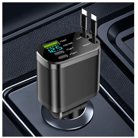 5 in 1 Retractable Car Charger Adapter,Upgraded Car Phone Charger with PD 30W Cable & USB Fast Charging Port,Universal USBs & USB C Cars Chargers Compatible with Android and iPhone