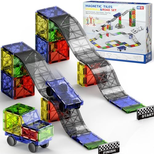 Kit de train magnétique avec voiture et rampes - 40 pièces - Jouet de construction à partir de 3 ans - Jouet magnétique créatif pour circuits de course et construction de routes - Cadeau pour garçons
