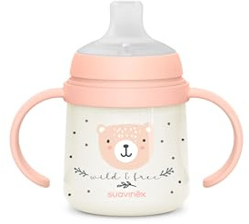 Suavinex, Bicchiere per l'Apprendimento del Bambino, Tazza Anti-goccia, con Manici che Brilla al Buio, con Ugello in Silicone e Valvola Anti-coliche, Ideale per l'Uso Notturno, +6 Mesi, W&Free Rosa