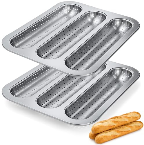 GYJZZW Confezione da 2 teglie antiaderenti perforate per baguette, teglia per pane francese a 3 scomparti, vassoio per baguette in acciaio al carbonio, per panettiere professionali e casalinghi, pasta