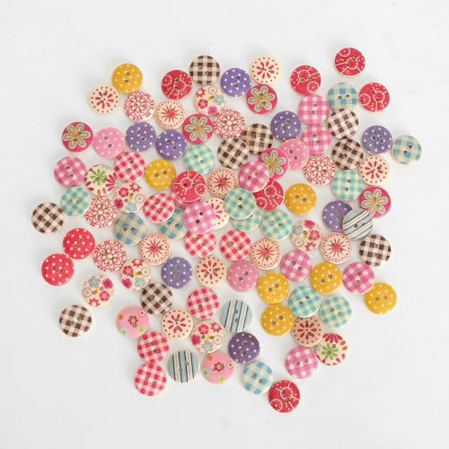 100 botones de madera para niños, botones multicolores, 15 mm, redondos