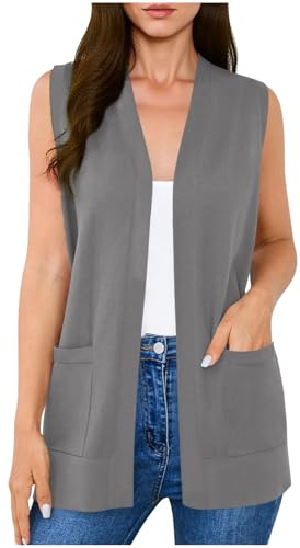 Wyongtao Gilet Femme,Cardigan Chic Et Elégant Long Ouvert sur Le Devant sans Manches Poches Manteau Tricoté Élégant Couleur Unie Décontractée De Tous Les Jours Cardigan Boléro Léger Loisirs