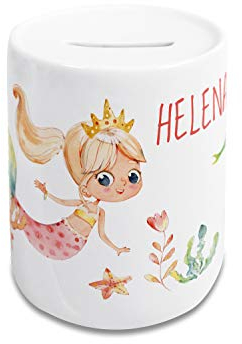 GRAZDesign Spardose Kinder mit Name Mädchen | Motiv Meerjungfrau | Sparschwein Kinder Geld Geschenk personalisiert Taufe, Geburtstag aus Keramik
