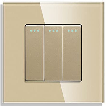 CNBINGO Interrupteur de bouton à bascule de avec points fluorescents, plaque murale Or en verre en cristal moderne, interrupteur d'éclairage, 3 compartiment, interrupteur à 2 pôle, 10A 250V