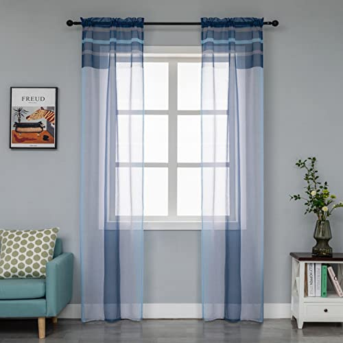 GIRASOLE HOME Coppia Tende Voile Semi Trasparenti a Righe Tenda per Soggiorno Camera Cameretta Cucina e Interni 2 Pannelli con Tasca (70x235cm, Blu+Grigio)