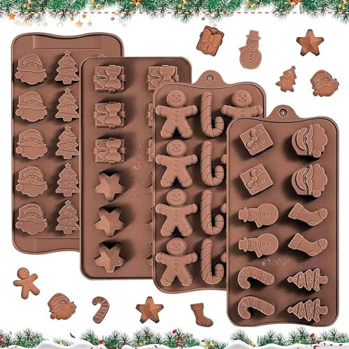 4 stycken julchokladformar silikon, fondant silikonformar, pralinform av silikon med olika mönster, 3D-chokladform för jul, muffins, godis, cupcakes (B)