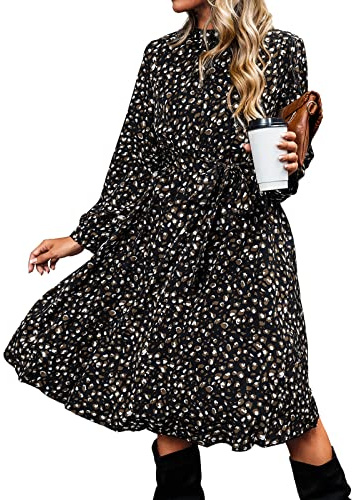 CUPSHE Women Midi Dress A-Line Flowy Swing Lights Speckled Print Long Sleeve High Neck Ruffle Fall Casual Party Cocktail Dress
