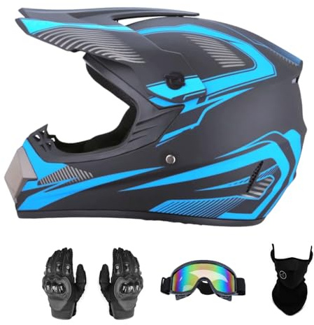 Senhill Casco da motocross ATV Offroad Casco Dirt Bike per giovani unisex Casco da moto con Guanti Occhiali Maschera (Azzurro, M)