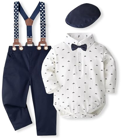 Volunboy Bebe Garçon Costume Gentleman, Noeud Papillon Chemise Carreaux + Pantalon 4 Pièces(3-6 mois,Bateau Blanc,Taille 59)