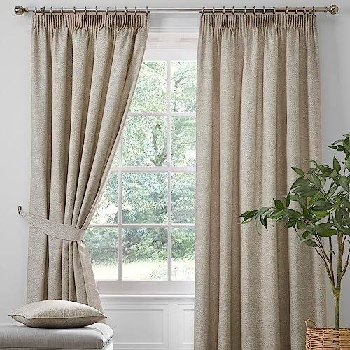Dreams & Drapes - Natural Blackout Pencil Pleat Curtains W66 x L72 (168 x 183cm) - 2x Tie Backs Included - Heavy Weight - Thermal & Soundproof - Natural for Bedroom & Living Room