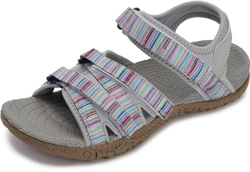 WHITIN Women's Hiking Sandals with Arch Support Walking Size 8 Cushion Sport Adjustable Hooks Resistant Outdoor Waterproof GreyMulti 38