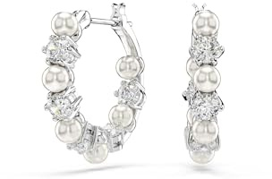 Swarovski Anneaux d’oreilles Matrix, créoles contemporaines, alternance de cristaux Zirconia et perles de cristal rondes blanches, design graphique et raffiné, métal rhodié