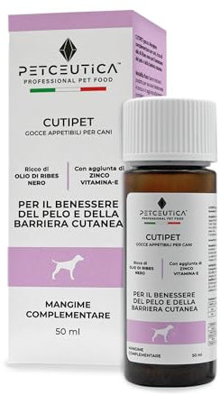PETCEUTICA Integratore Pelo contro Dermatite e Prurito Cane CUTIPET - Ricco di Olio di Ribes (Acido Gamma Linoleico), Zinco, Biotina e Vitamina E - Mangime Complementare in Gocce 50ml