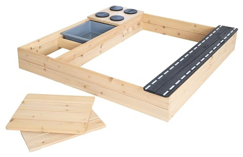 roba sandlåda Street & Play i trä - design med gata, spisplatta, lekbalja - stor sandlåda med lock i väderbeständigt trä - natur/svart