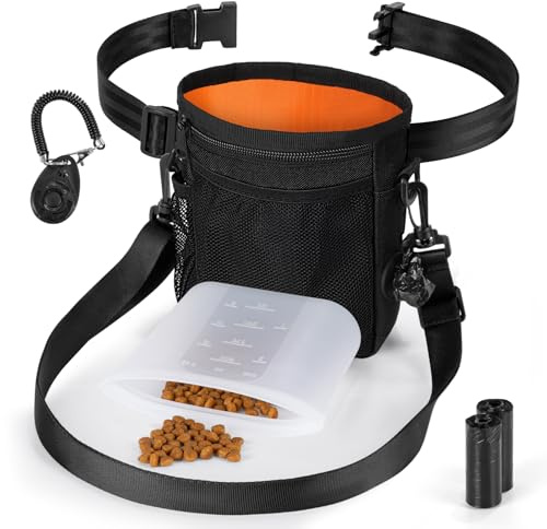 Sac Friandise pour Chien Lot de 4 Accessoires avec Clicker Chien, Dressage, Sacoche Crottes, Pochette Friandises Silicone, Ceinture Réglable