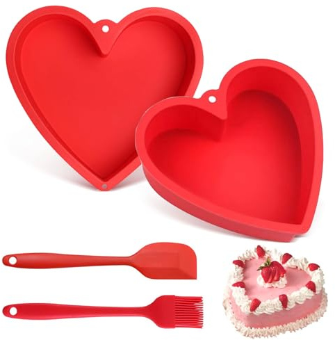 Heart Shaped Cake Tin, Set of 2 Silicone Heart Cake Tin 8 inch with Brush, Scraper, Nonstick Silicone Love Moulds, Cake Baking Pans for Muffins Puddings Bread(Red)
