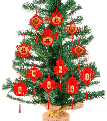 12 Pcs Chinese New Year Decorations Hanging Ornaments,Chinese New Years Decorations 2026, Red Hanging Ornament Lucky Fu Pendants Lantern Lucky Fu Pendants for New Year Home tree Car ornaments