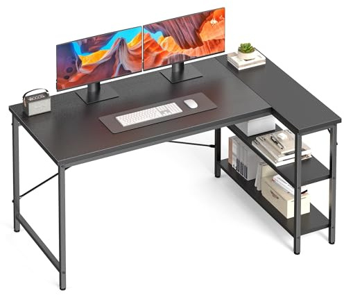 DUMOS L Shaped Desk 47 Inch Computer Desk Gaming Furniture Corner Desks Home Office PC Table with Reversible Storage Shelves for Writing Working Study Bedroom Dorm, Black