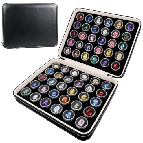 LYCN Boîte de rangement pour pierres précieuses et peinture diamant (60 compartiments), organiseur en cuir synthétique avec insert en mousse, boîtes transparentes pour cristaux, perles et bijoux (25,5