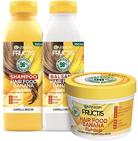 Garnier Fructis Hair Food Banana Nutriente, Kit con Shampoo, Balsamo e Maschera per Capelli Secchi, Fino al 98% di Ingredienti di Origine Naturale, Senza Siliconi