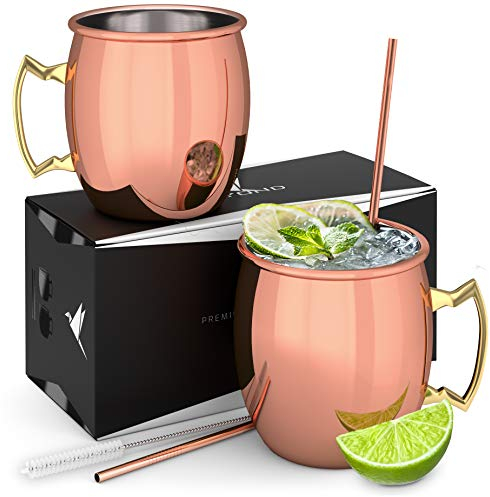Beyond Moscow Mule Becher 2er Set Kupferbecher - Becher aus Kupfer mit Strohalmen & Geschenkbox I Moskau Mule Kupfertasse Set mit traditionell glatter Oberfläche als Gin Tasse & für Cocktail