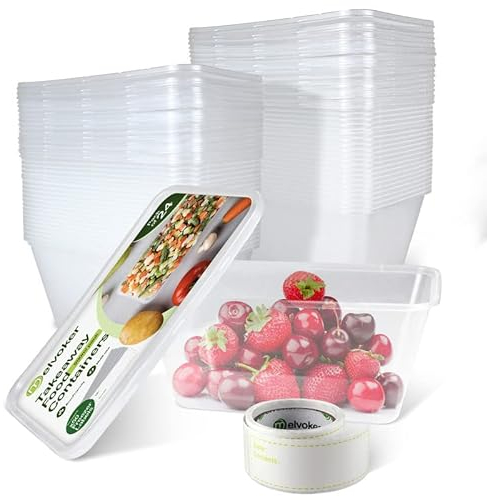 Melvoker 24 Pack Food Container 500 ML - Plastic Takeaway Containers with lids- food prep containers with lids - freezer containers - Plastic Tubs Food Boxes - 50 Freezer Labels
