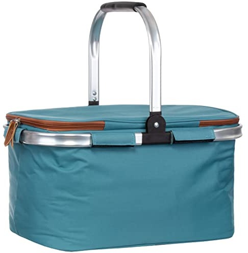 Brandsseller Shoppingkorg 26 liter, vikbar kylkorg med lock, shoppingväska, picknickkorg med dragkedja, vadderat bärhandtag av aluminium – turkos