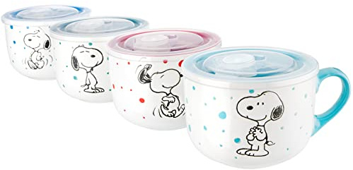 Peanuts Freckled Joy Soup Bowls 23 oz Stoneware with Clear Lids 4 Pack Assorted Colors Kitchen Food Storage