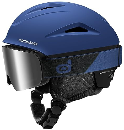 Odoland Casco Esquí con Gafas Esquí, Casco Esquí para Hombre Mujer y Jóvenes, Casco Deportes de Invierno con 10 Orificios de Ventilación, Forro Extraíble, Tmaño Ajustable, Azul Oscuro, L