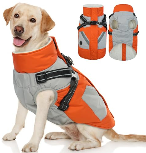 Hjyokuso Wasserdichter Hundemantel, Hundejacke mit Geschirr, Hundejacken für kleine Mittel Große Hunde, Winddichte Haustierkleidung Outfit mit Reflektierender Streifen und Reißverschluss - Orange 3XL