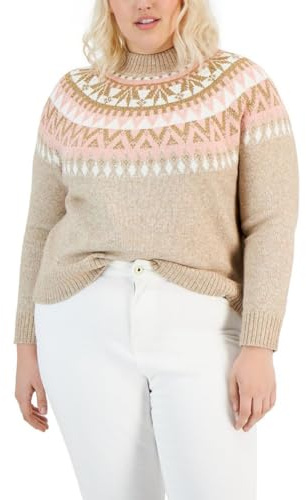 Tommy Hilfiger Fairisle Damen-Pullover, langärmlig, Rundhalsausschnitt, Sportbekleidung, Light Heather Rehkitz, 2X