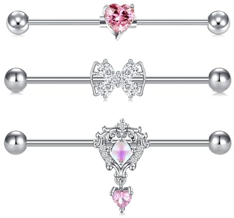 AVYRING 14G Gioielli Industrial Bar Piercing in Argento, Industrial Barbell in acciaio chirurgico con farfalla e cuore pendente, Doppio Cartilage Helix Piercing Earrings per Donne 38mm
