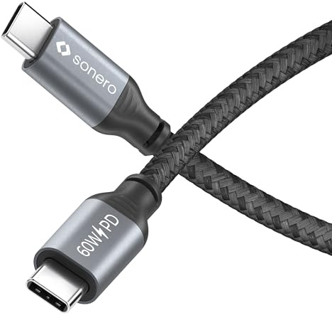 Sonero Cable de carga USB-C a USB-C, cable de carga para teléfono móvil, cable de carga rápida USB C, cable USB tipo C, USB 2.0, 60W PD, gris/negro, 0,50 m